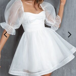Selfie Leslie White Sheer Puff Sleeve Mini Dress